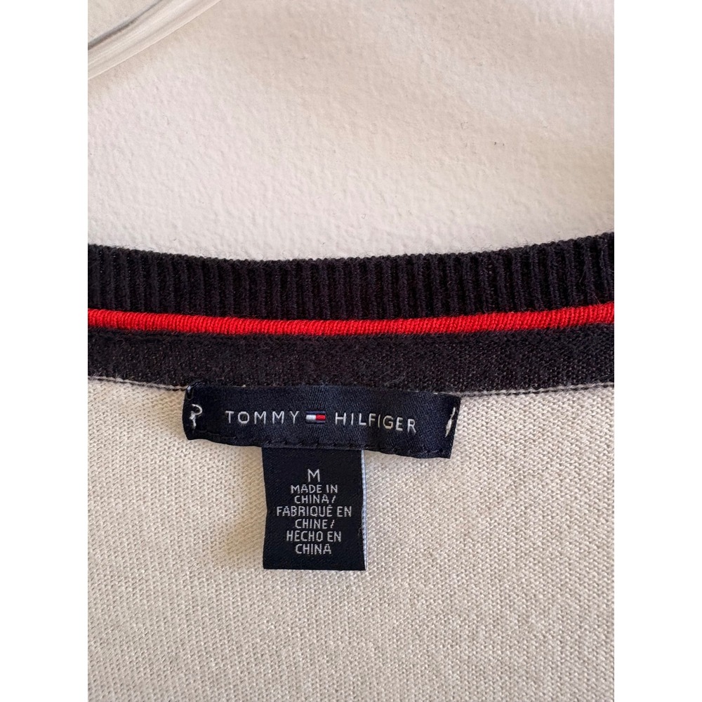 Tommy Hilfiger Womens Rugby Striped V-Neck Sweater Navy  Cream Knit Pullover Med - Picture 5 of 6